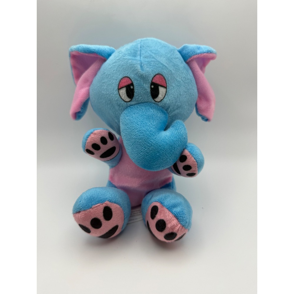 Blue Elephant Plush Stuffed Animal Toy Pink Accents Sleepy Eyes Soft 7 Inch
